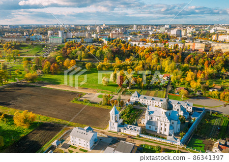Mahiliou, Belarus. Mogilev Cityscape With Famous Landmark St. Nicholas Monastery. Aerial View Of Skyline In Autumn Day. Bird's-eye View.Mahiliou, Belarus. Mogilev Cityscape With Famous Landmark St Mahiliou, Belarus. Mogilev Cityscape With Famous Landmark St. Nicholas Monastery. Aerial View Of Skyline In Autumn Day. Bird's-eye View.Mahiliou, Belarus. Mogilev Cityscape With Famous Landmark St 86341397