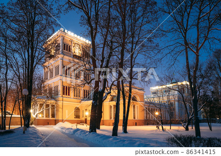 Gomel, Belarus. City Park In Winter Night. Rumyantsevs And Paskeviches Palace In Homiel Park, Belarus. Famous Local Landmark In Snow.Gomel, Belarus. City Park In Winter Night. Rumyantsevs And Gomel, Belarus. City Park In Winter Night. Rumyantsevs And Paskeviches Palace In Homiel Park, Belarus. Famous Local Landmark In Snow.Gomel, Belarus. City Park In Winter Night. Rumyantsevs And 86341415