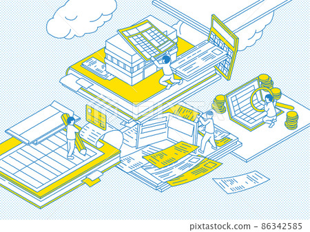 提交最終納稅申報表的人的等距圖藍黃色版本 86342585