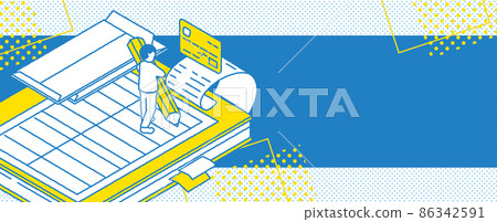 Banner illustration of a person recording a credit card receipt Banner illustration of a person recording a credit card receipt 86342591
