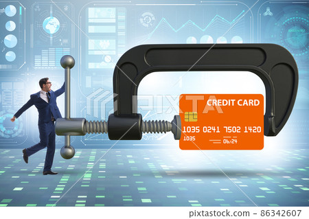 Concept of credit card debt with clamp and businessman Concept of credit card debt with clamp and businessman 86342607
