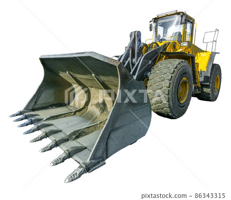 Yellow wheel loader, gravel quarry equipment isolated on white background Yellow wheel loader, gravel quarry equipment isolated on white background 86343315