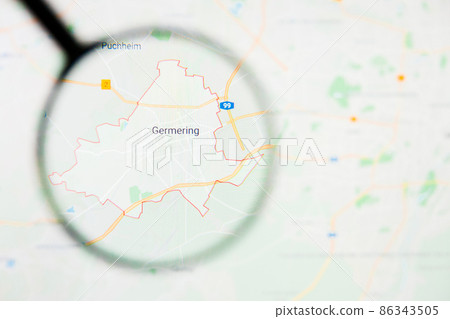Germering city in Germany, Bavaria visualization illustrative concept on display screen through magnifying glass Germering city in Germany, Bavaria visualization illustrative concept on display screen through magnifying glass 86343505
