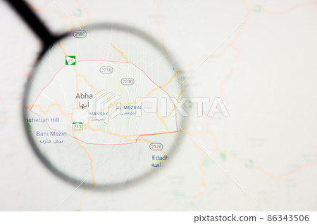 Abha city in Saudi Arabia visualization illustrative concept on display screen through magnifying glass Abha city in Saudi Arabia visualization illustrative concept on display screen through magnifying glass 86343506