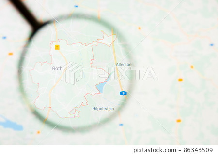 Roth city in Germany, Bavaria visualization illustrative concept on display screen through magnifying glass Roth city in Germany, Bavaria visualization illustrative concept on display screen through magnifying glass 86343509