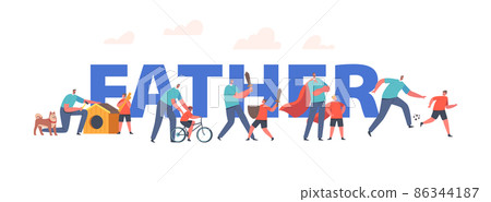 Fatherhood Concept. Father and Son Child Characters Sparetime, Dad and Little Boy Spend Time Together Building Dog Booth 86344187