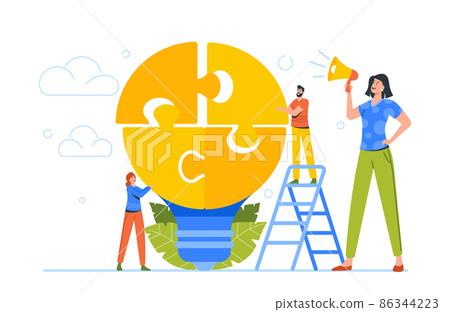 Business Solution, Idea Development, Brainstorm Concept. Tiny Business People Team Collect Huge Light Bulb Jigsaw Puzzle 86344223