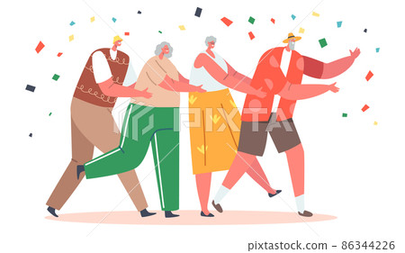 Pensioners Characters Dance in Row, Old People Stand in Line Dancing Conga with Confetti Falling. Elderly Men and Women 86344226