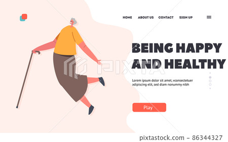Happy Elderly Woman Landing Page Template. Lady with Walking Cane Jump and Feel Excitement, Positive Female Senior 86344327