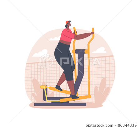 African Woman Run on Treadmill in House Yard. Athletic Young Girl in Sportswear Exercising to be Slim. Outdoor Fitness 86344339