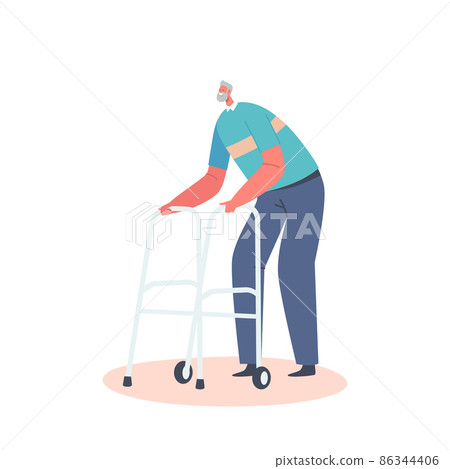 Senior Man, Aged Grandfather Moving with Help of Front-wheeled Walker. Character Use Walking Frame, Cheerful Pensioner Senior Man, Aged Grandfather Moving with Help of Front-wheeled Walker. Character Use Walking Frame, Cheerful Pensioner 86344406