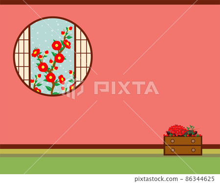 背景插圖帶有可以看到雪山茶花的窗戶，抽屜櫃上的南方天空果實和自由空間。 86344625