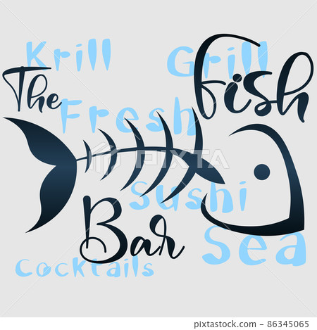 abstract logo of a fish bar from a fish skeleton and inscriptions abstract logo of a fish bar from a fish skeleton and inscriptions 86345065