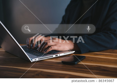 Technology Search Engine for Optimization Data Analysis Searching. Woman's Hands Using Laptop for Search Information on Device Online Network System. Technology Search Browsing for Communication 86345667