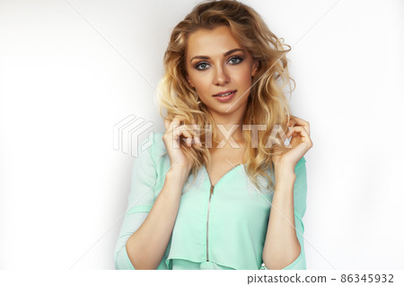 young pretty stylish blond girl posing emotional isolated on white background happy smiling cool smile, lifestyle people concept young pretty stylish blond girl posing emotional isolated on white background happy smiling cool smile, lifestyle people concept 86345932