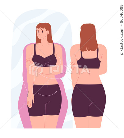 Woman is unhappy with her reflection in the mirror, overweight, it seems to her that she is fatter than she really is Woman is unhappy with her reflection in the mirror, overweight, it seems to her that she is fatter than she really is 86346089