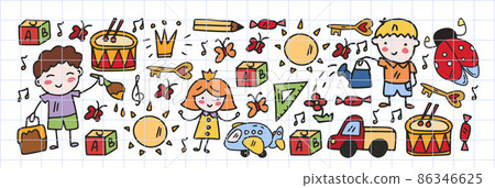 Vector pattern with little children. Kindergarten. Imagination. Creativity. Play. 86346625