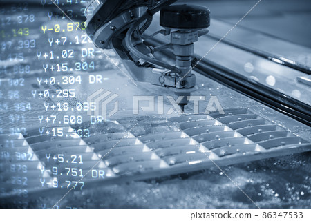 The abstract scene of multi-axis waterjet cutting machine with NC code data background. 86347533
