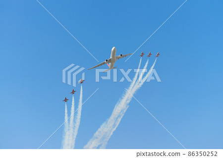 Swissair Airbus A330 and Swiss Air Force "Patroille Switzerland" formation flight 86350252