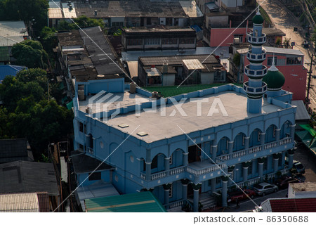Aerial view of Assalafiyah Mosque (Muslim mosque)at sunset in Bangkok, Islamic mosque dome. 86350688