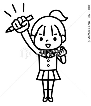A female student in a guts pose who works hard to study monochrome A female student in a guts pose who works hard to study monochrome 86351003