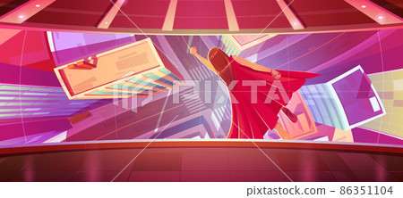 Superwoman fly with raised hand on cinema screen 86351104