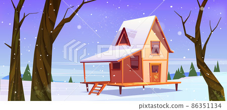 Village house on hill with snow in winter Village house on hill with snow in winter 86351134