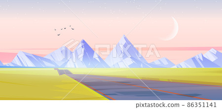 Car road to mountains on green valley in morning Car road to mountains on green valley in morning 86351141