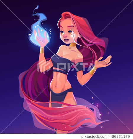 Girl wizard hold magic blue fire in hand Girl wizard hold magic blue fire in hand 86351179