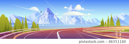 Car overpass road on lake shore with mountains 86351180