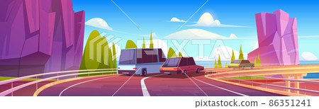 Cars driving on overpass road on sea shore 86351241