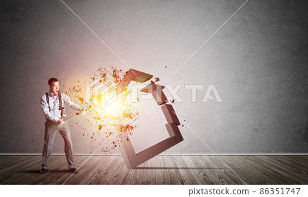 Stone home silhouette as symbol for real estate insurance crashed by man 86351747