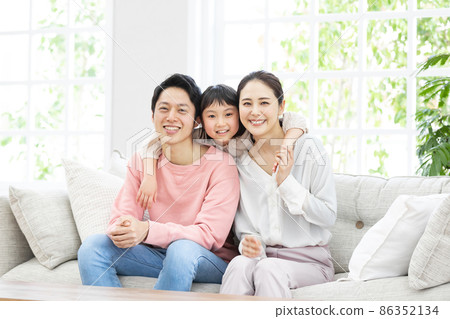 放鬆在沙發的愉快的家庭 放鬆在沙發的愉快的家庭 86352134