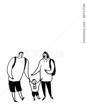 Children (boys) and dads, moms, families, line drawings (vertical, left arrangement) 86352584