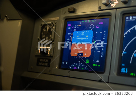 Navigation on board the aircraft. Close-up of an airplane dashboard.  86353263