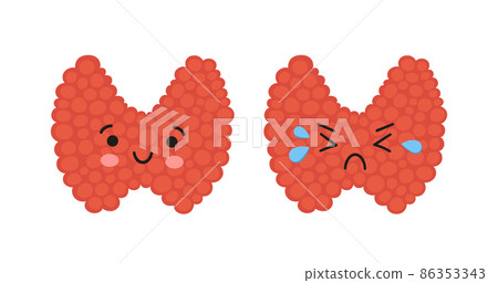 Healthy happy thyroid and upset unhealthy thyroid cartoon characters. Kawaii organs. Vector illustration isolated in cartoon style on white background Healthy happy thyroid and upset unhealthy thyroid cartoon characters. Kawaii organs. Vector illustration isolated in cartoon style on white background 86353343