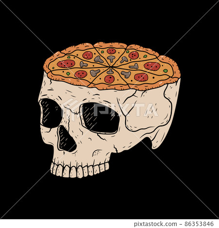A skull with pizza instead of a brain vector illustration on black background 86353846