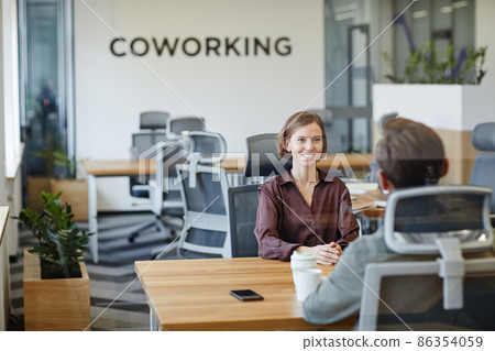 Smiling Young Woman in Job Interview Meeting Smiling Young Woman in Job Interview Meeting 86354059