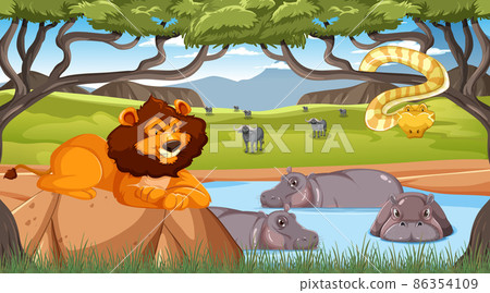 Wild animals in savanna forest landscape 86354109