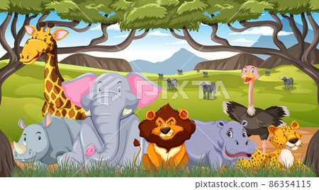 Wild animals in savanna forest landscape Wild animals in savanna forest landscape 86354115