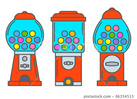 Gumball machine icon set. Retro vending dispenser for candies and bubblegums. Sweets slot vector illustration isolated on white background Gumball machine icon set. Retro vending dispenser for candies and bubblegums. Sweets slot vector illustration isolated on white background 86354513