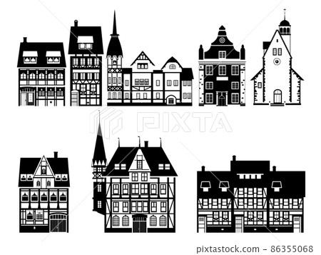 Set Apartmenst house old buildings Europe and America. Silhouette black white icon. Vector illustration Set Apartmenst house old buildings Europe and America. Silhouette black white icon. Vector illustration 86355068