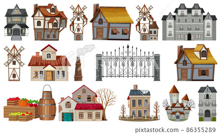 Set of abandoned houses and buildings 86355289