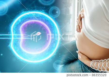 Girl and artificial fertilization of an egg. Surgical placement of the sperm into the egg. Pregnancy, infertility treatment, motherhood, spermogram. 86355320