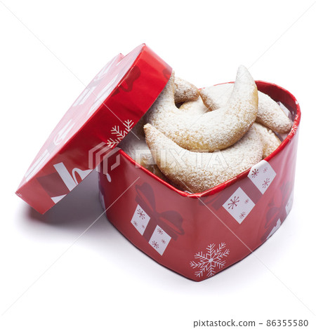 Heart shaped Gift box full of Traditional German or Austrian Vanillekipferl vanilla kipferl cookies Heart shaped Gift box full of Traditional German or Austrian Vanillekipferl vanilla kipferl cookies 86355580