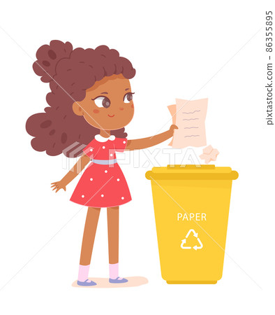 Cute girl sorting paper in trash bin, child holding crumpled paper, throwing garbage Cute girl sorting paper in trash bin, child holding crumpled paper, throwing garbage 86355895