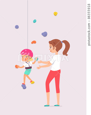 Climbing training course, workout of instructor trainer and climber kid in gym indoor Climbing training course, workout of instructor trainer and climber kid in gym indoor 86355918
