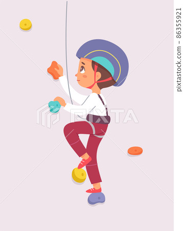 Kid climber climbing rock wall, fearless boy in safety helmet bouldering, hanging on rope Kid climber climbing rock wall, fearless boy in safety helmet bouldering, hanging on rope 86355921