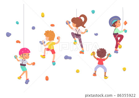 Children climbing rock wallm active boy girl climbers bouldering, training in gym 86355922
