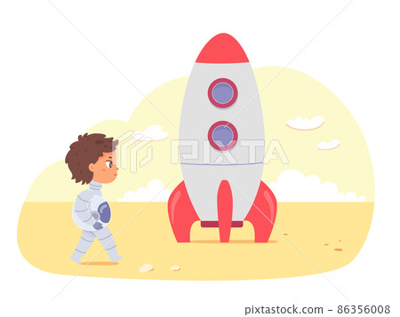 Cute kid astronaut with space rocket, boy cosmonaut in spacesuit walking on alien planet 86356008
